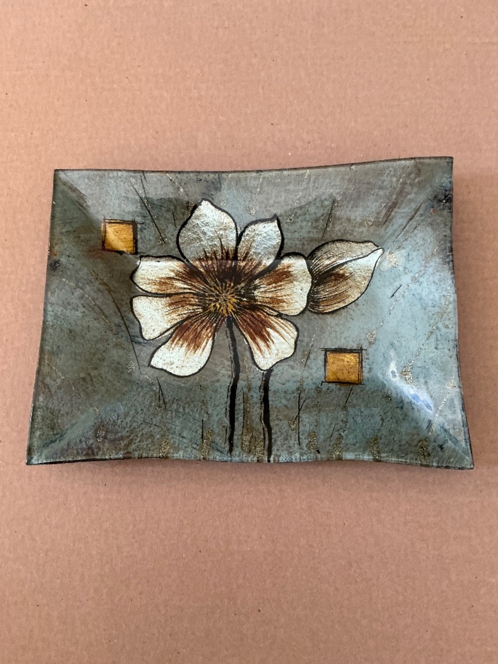 Fused Art Glass Serving Tray Decorative Floral Display